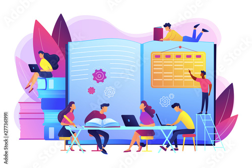 Preparing test together. Learning and studying with friends. Effective revision, revision timetables and planning, how to revise for exams concept. Bright vibrant violet vector isolated illustration