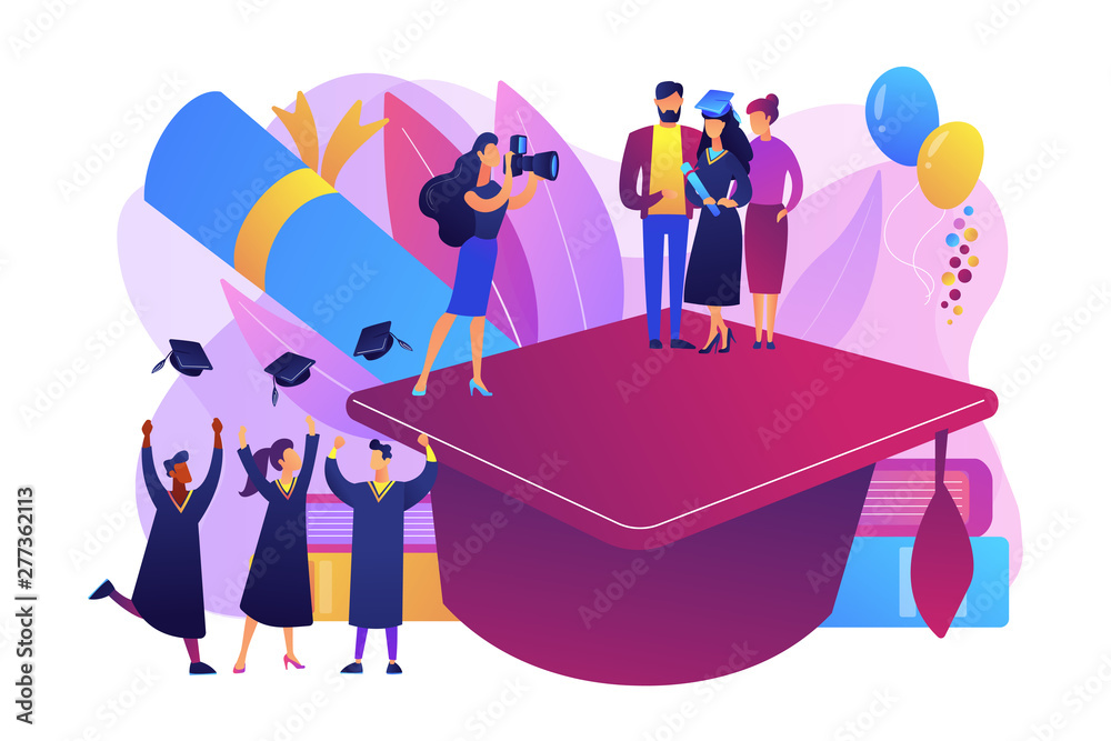 Graduating with friends. Proud parents with graduated student. Graduation day, getting an academic degree, graduation announcements concept. Bright vibrant violet vector isolated illustration