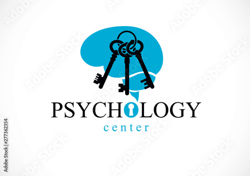 Human anatomical brain with keys as a keychain, mental health psychology conceptual logo or icon, psychoanalysis and psychotherapy as a key to human mind concept. Vector simple classic design.