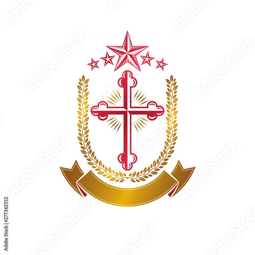 Christian Cross gothic emblem created with pentagonal star and laurel wreath. Heraldic Coat of Arms decorative logo isolated vector illustration. Religion and spirituality art symbol.