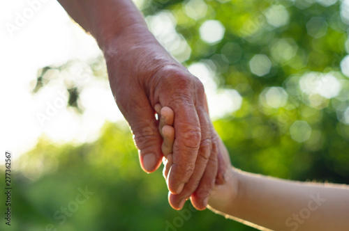 Childs hand and old hand grandmother. Concept idea of love family protecting children and elderly people grandmother friendship togetherness relationship Two generation. © Анастасія Стягайло