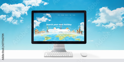 Travel agency website concept on computer display. Search destinations and vacations online. Modern flat web site desing with clouds in background.