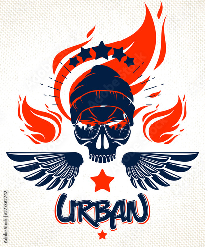Urban culture style skull in sunglasses vector logo or emblem, gangster or thug illustration, anarchy chaos hooligan, ghetto theme.