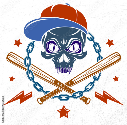 Gangster emblem logo or tattoo with aggressive skull baseball bats and other weapons and design elements, vector, criminal ghetto vintage style, gangster anarchy or mafia theme.