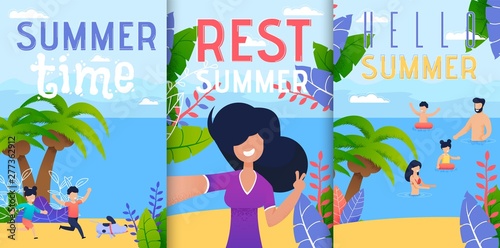 Hello Summer Vacation Rest Flat Vector Banner Set