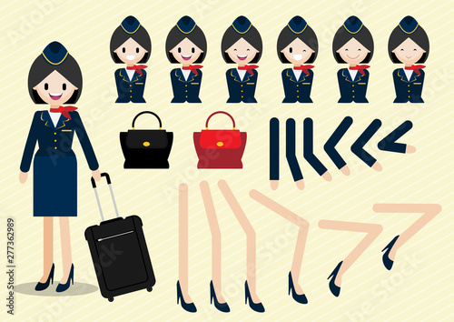 Cartoon character with beautiful air hostess of animate style and part of body , Flat icon vector illustration.