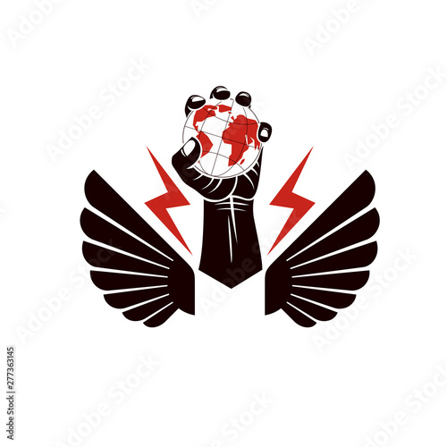 Winged vector emblem composed with raised clenched fist composed with Earth illustration. Authority as the means of global control and manipulation