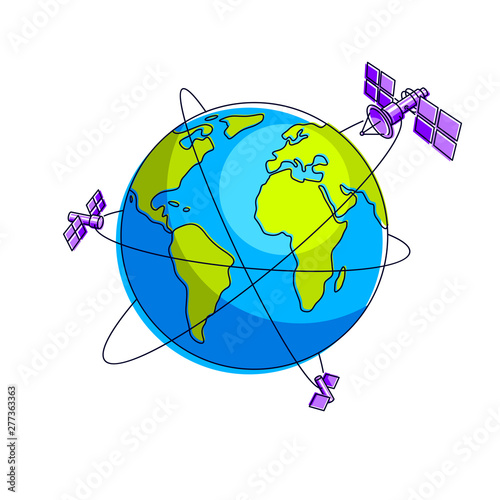 Global communication technology satellites flying orbital spaceflight around earth, spacecraft space stations with solar panels and satellite antenna plate. Thin line 3d vector illustration.