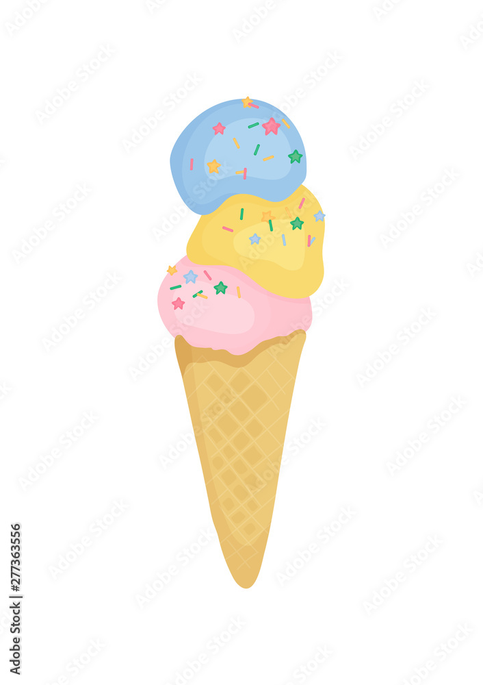 Fruit ice cream in waffle cone isolated on white background. Illustration of ice cream in cartoon style. Vector Fruit ice cream in waffle cone isolated on white background. Illustration of ice cream in cartoon style. Vector
