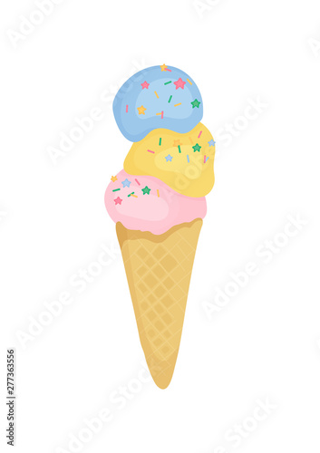 Fruit ice cream in waffle cone isolated on white background. Illustration of ice cream in cartoon style. Vector