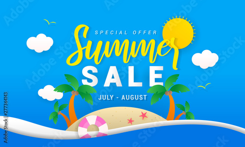 Summer sale vector illustration. lovely island paper art style.