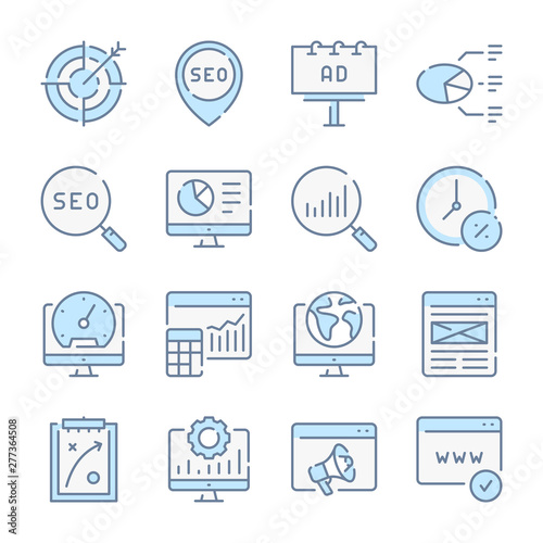 Business , Marketing and SEO related blue line colored icons.