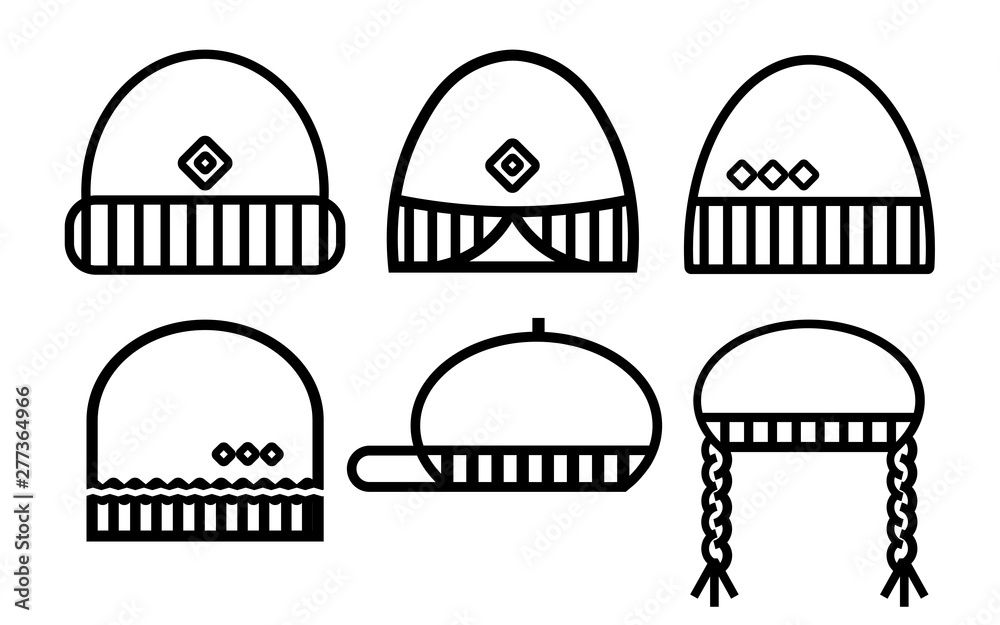 Naklejka premium Winter hat simple icons set. Black outline icons of different hat types on white background. Isolated flat objects for web design.