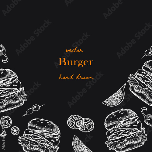 Set of hand-drawn fast food. Background with food for menu and advertising or packaging. Sketch. Vector design