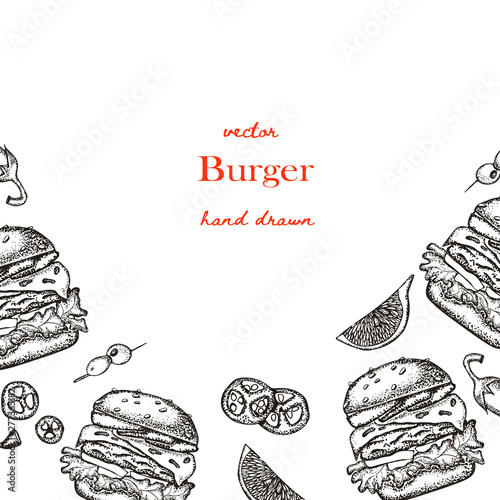 Set of hand-drawn fast food. Background with food for menu and advertising or packaging. Sketch. Vector design