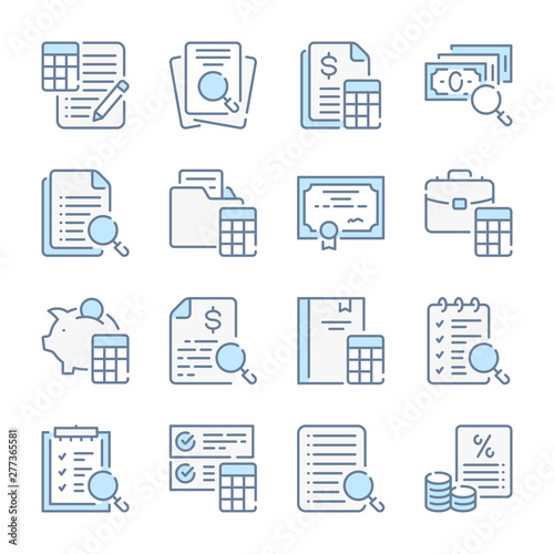 Accounting, Auditing and Finance calculations related blue line colored icons.