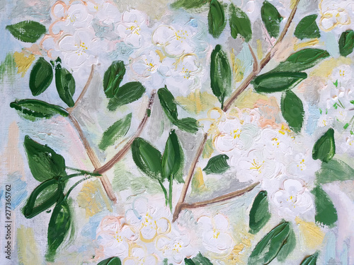 Fototapeta Naklejka Na Ścianę i Meble -  Spring bloom fruit trees branches. Oil painting texture.