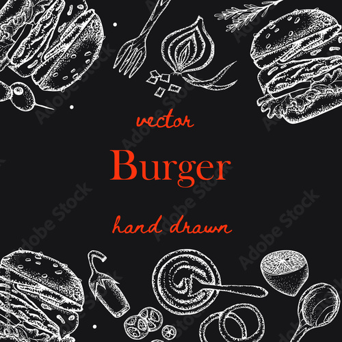 Set of hand-drawn fast food. Background with food for menu and advertising or packaging. Sketch. Vector design
