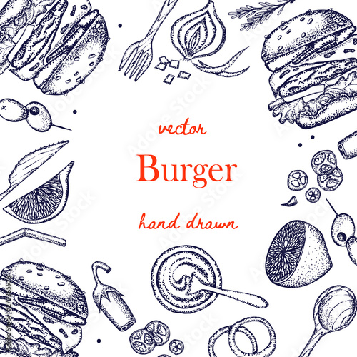 Set of hand-drawn fast food. Background with food for menu and advertising or packaging. Sketch. Vector design