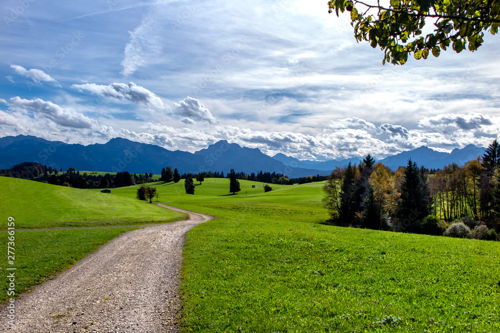 Path of land in park, with mountains in the background, Fussen, Germany