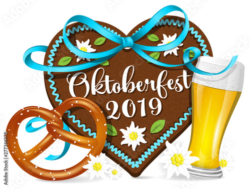 Oktoberfest 2019 München Lebkuchenherz mit Brezel und Bier