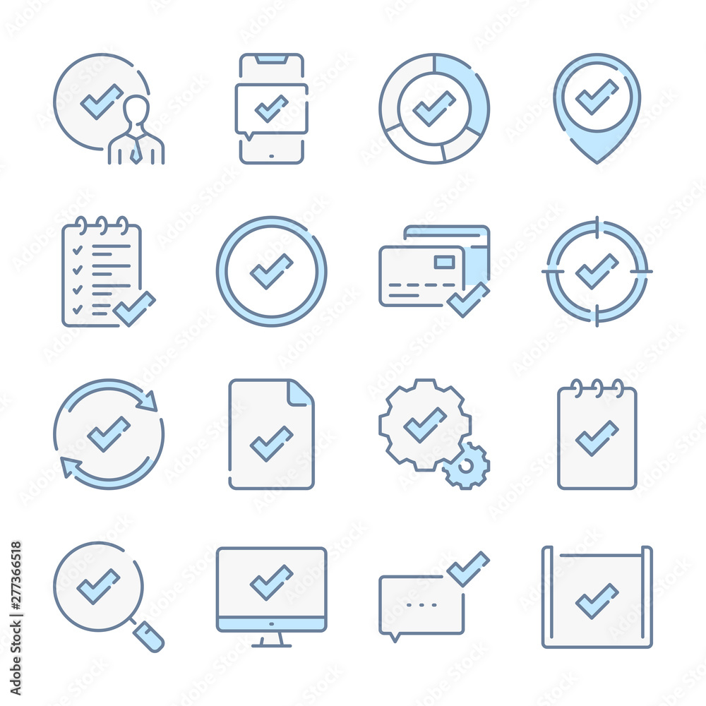 Approve, verification and quality related blue line colored icons. Approve, verification and quality related blue line colored icons.
