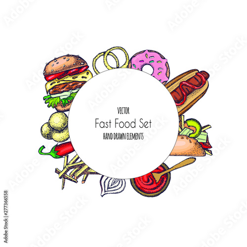 Set of hand-drawn fast food. Background with food for menu and advertising or packaging. Sketch. Vector design