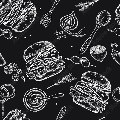 Set of hand-drawn fast food. Background with food for menu and advertising or packaging. Sketch. Vector design