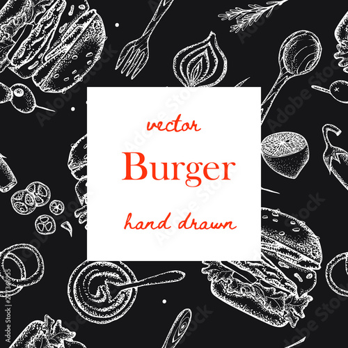 Set of hand-drawn fast food. Background with food for menu and advertising or packaging. Sketch. Vector design