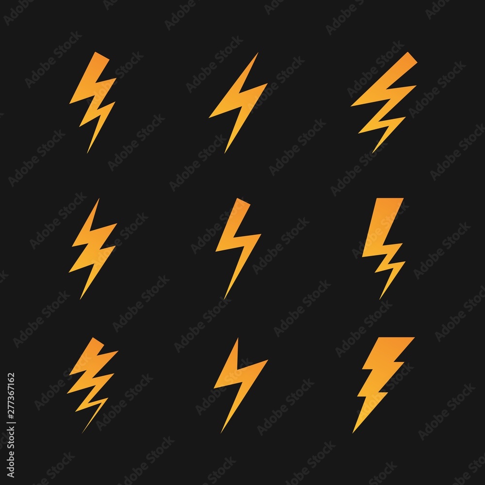 Thunder bolt flash lightning icons set. Thunderbolt and thunderstorm gradient flat vector symbols on dark background