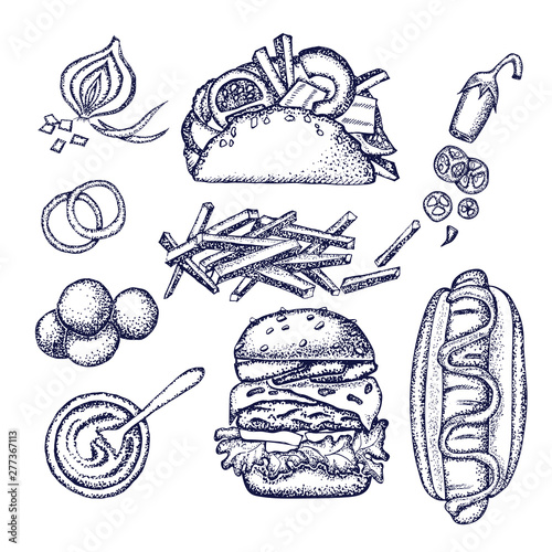 Set of hand-drawn fast food. Background with food for menu and advertising or packaging. Sketch. Vector design