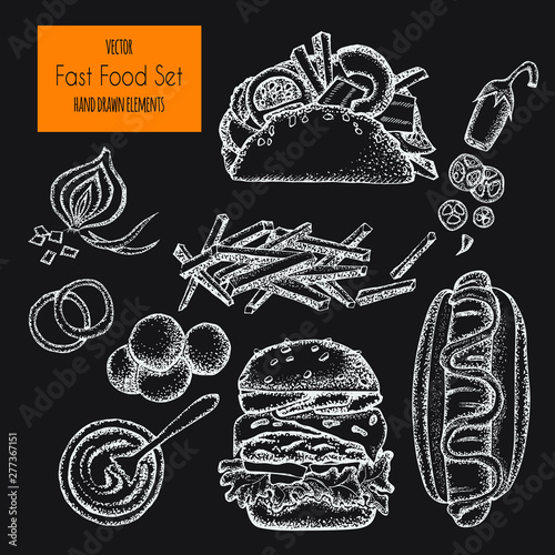 Set of hand-drawn fast food. Background with food for menu and advertising or packaging. Sketch. Vector design