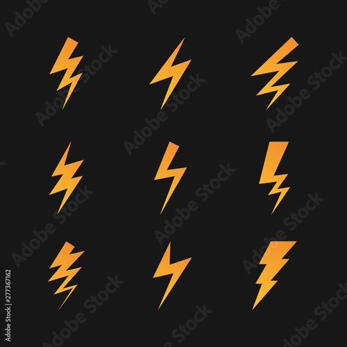 Thunder bolt flash lightning icons set. Thunderbolt and thunderstorm gradient flat vector symbols on dark background