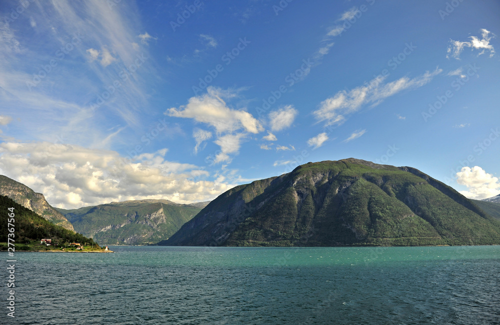 Scenic view of green islands on Sognefjord