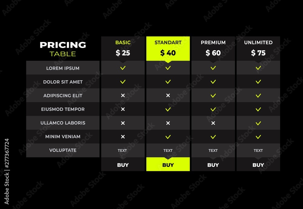 Comparison pricing table list. Vector dark comparing price banner product  plan chart, unlimited menu planning services cost table with discount box  Stock Vector | Adobe Stock