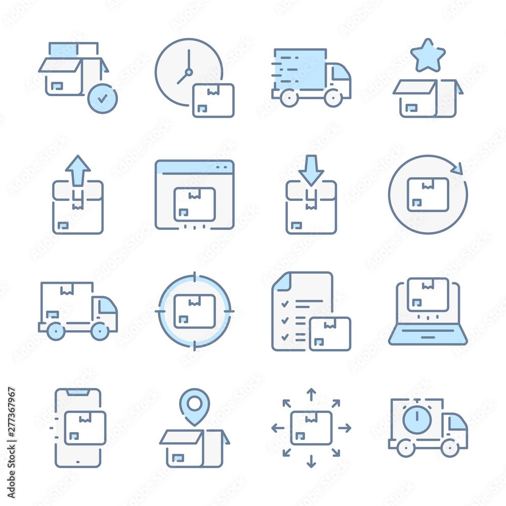 Delivery, Logistics and Distribution related blue line colored icons. Delivery, Logistics and Distribution related blue line colored icons.