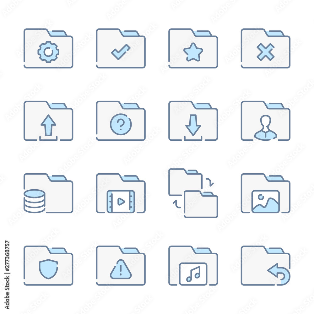 Folder, Document archive and File organization related blue line colored icons. Folder, Document archive and File organization related blue line colored icons.