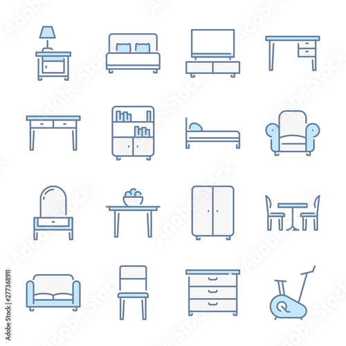 Furniture, Home furniture and Сushioned furniture related blue line colored icons.