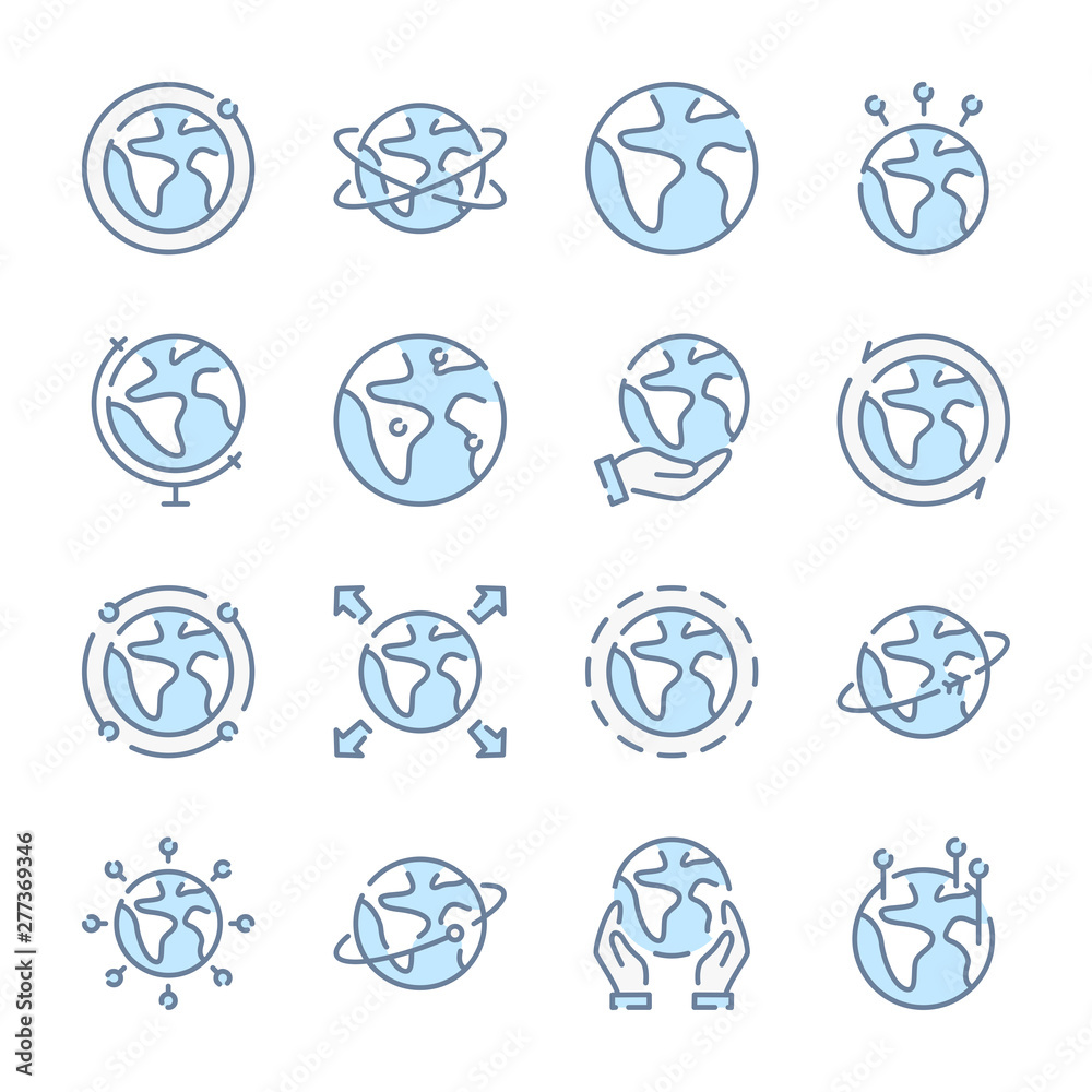 Globe, World and Planet earth related blue line colored icons. Globe, World and Planet earth related blue line colored icons.