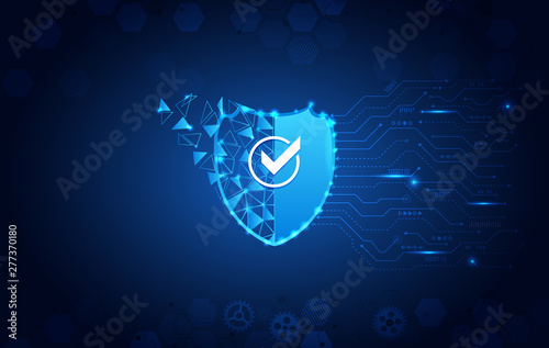 Data security system, information or network protection. Cyber security and data protection. Shield icon, future technology for verification. Abstract circuit board.