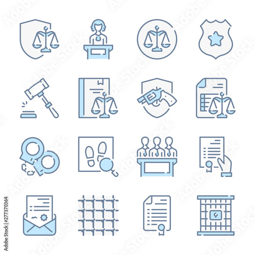 Law, Justice and Government related blue line colored icons.