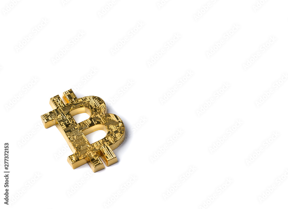 Golden bitcoin isolated on white background. Top view Golden bitcoin isolated on white background. Top view