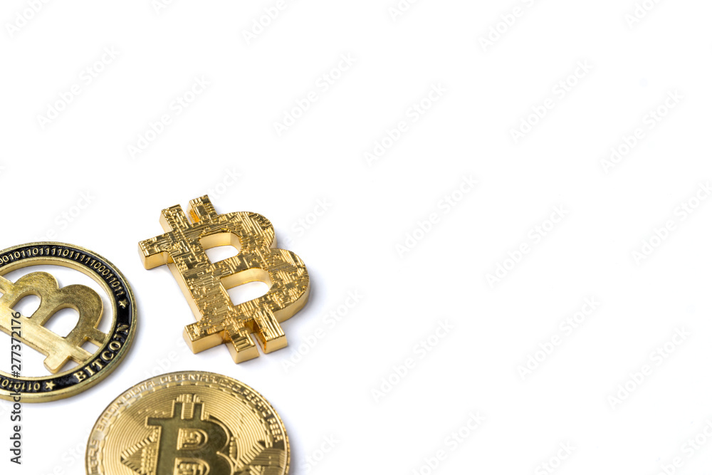 Golden bitcoin isolated on white background. Top view Golden bitcoin isolated on white background. Top view