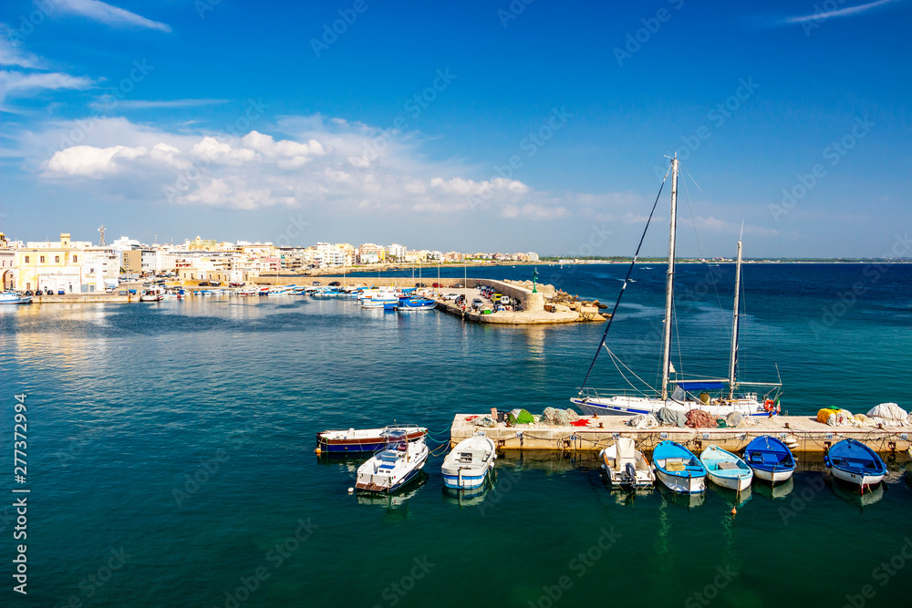 Summer view of the southern harbor of Gallipoli, Province of Lecce, Apulia, Italy