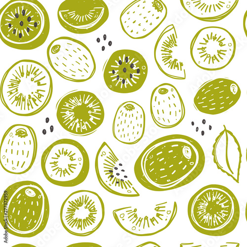 Seamless pattern with kiwi. Whole, half, sliced, bitten. Hand drawn vector illustration for wrapping paper, decorative fabric, print, wallpaper, shop, menu, market, cafe, restaurant