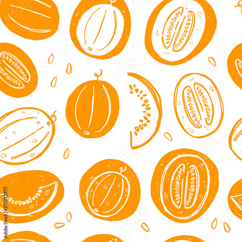Seamless pattern with honeydew melons. Whole, half, sliced, bitten. Hand drawn vector illustration for wrapping paper, decorative fabric, print, wallpaper, shop, menu, market, cafe, restaurant