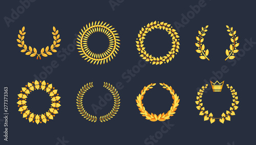 Set premium quality golden laurel wreath gold silhouette leaves