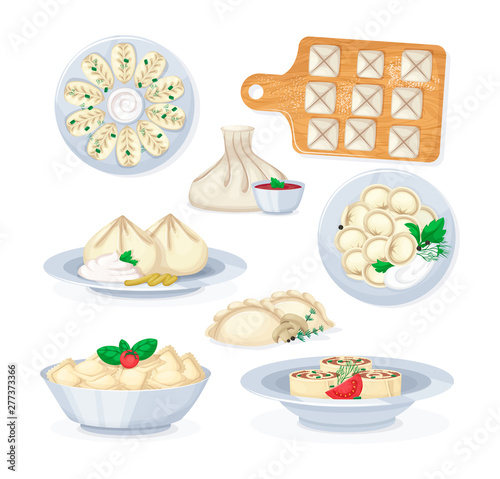Traditional tasty food dumplings mantas ravioli khinkali kurze vareniki.