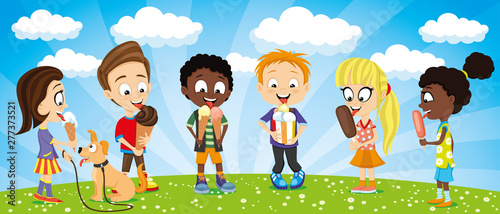 Summertime funny kids with ice cream in their hands standing on a green meadow with flowers.