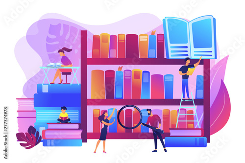 Reading books, encyclopedias. Students studying, learning. Public library events, free tutoring and workshops, library homework help concept. Bright vibrant violet vector isolated illustration